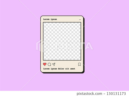 Retro vaporwave social media post template in app style window. Profile picture, image preview, likes, comments, user interface elements. 90s aesthetic digital layout. Flat Style Vector Illustration. 130131173