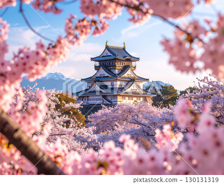 Cherry blossoms and a traditional Japanese castle in the setting sun 130131319