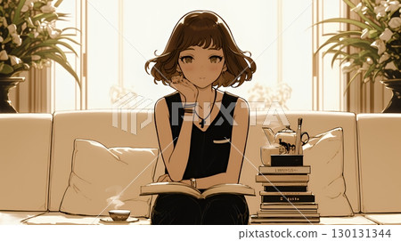 客廳裡喝茶的女人(簡單的顏色) 客廳裡喝茶的女人(簡單的顏色) 130131344