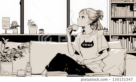 A woman drinking tea in the living room (simple colors) 130131347