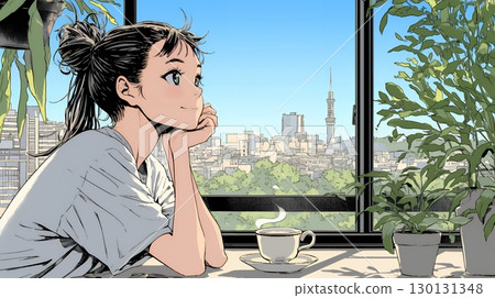 Woman drinking tea in the living room 130131348