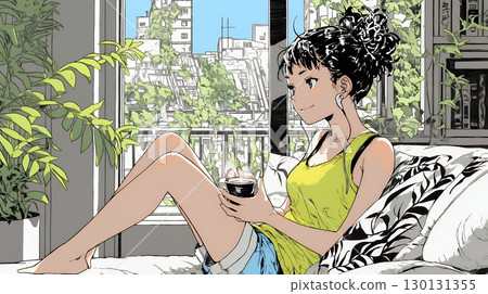 女人在客廳喝茶 女人在客廳喝茶 130131355