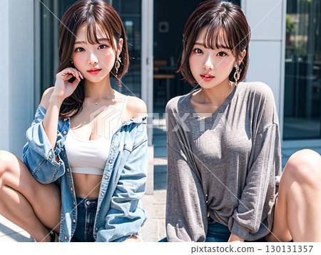 放鬆在一個開放咖啡館的少婦 130131357