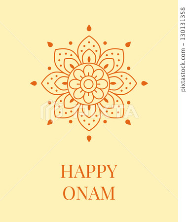 Floral mandala design with Happy Onam greeting in orange on yellow background perfect for festival celebration decoration and traditional Indian holiday design 130131358
