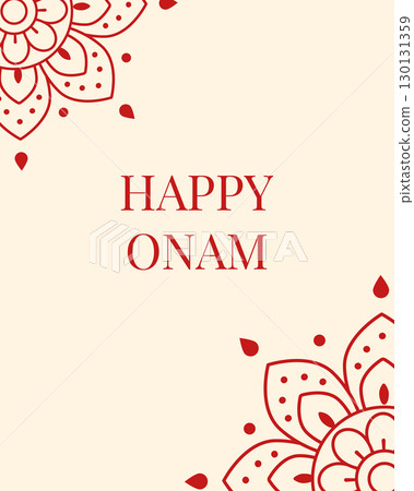 Elegant Happy Onam greeting card with red floral mandala on beige background perfect for Indian festival celebration traditional decoration and cultural design 130131359