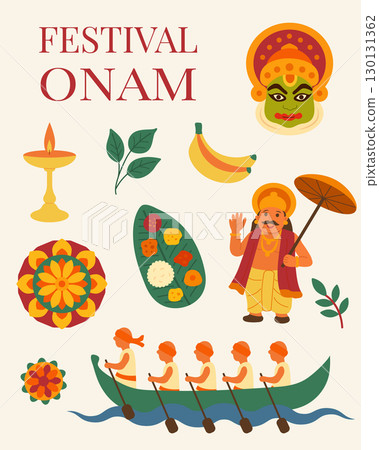 Colorful Onam festival illustration with boat race, Kathakali mask, King Mahabali, banana leaf meal, rangoli and lamp representing traditional Kerala celebration 130131362