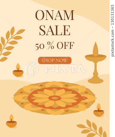 Festive Onam shopping sale banner with traditional rangoli pattern, flowers, palm leaves, and lamps, advertising half price seasonal discount offer celebration background. 130131365