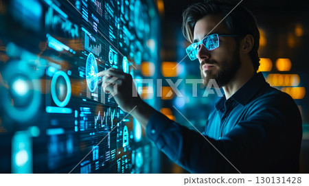 A man wears digital glasses and gazes at a holographic display. Futuristic technology and innovation. Generative AI. 130131428