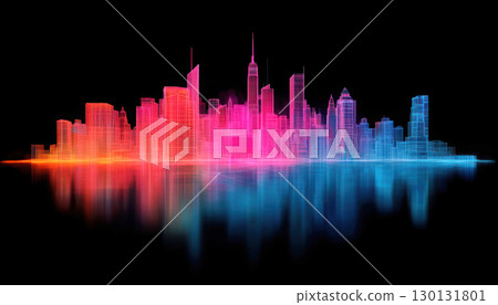 Vibrant city skyline graphic with colorful neon reflections. Vibrant city skyline graphic with colorful neon reflections. 130131801