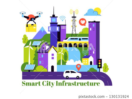 Smart City Infrastructure Illustration featuring an Urban Landscape with Buildings, Skyscrapers, Transportation, Internet, and Future Technology 130131924