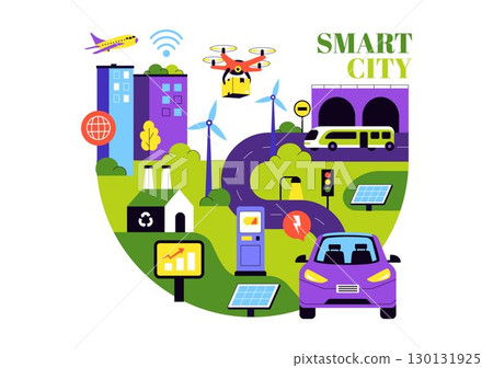 Smart City Infrastructure Illustration featuring an Urban Landscape with Buildings, Skyscrapers, Transportation, Internet, and Future Technology 130131925