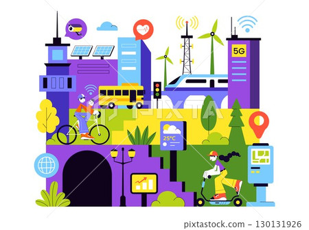Smart City Infrastructure Illustration featuring an Urban Landscape with Buildings, Skyscrapers, Transportation, Internet, and Future Technology Smart City Infrastructure Illustration featuring an Urban Landscape with Buildings, Skyscrapers, Transportation, Internet, and Future Technology 130131926