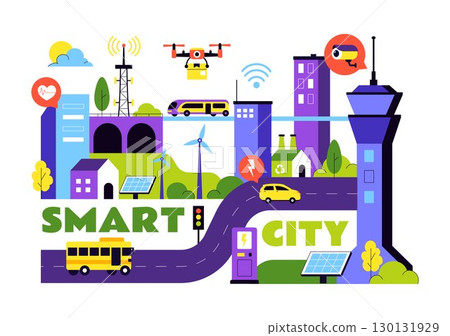 Smart City Infrastructure Illustration featuring an Urban Landscape with Buildings, Skyscrapers, Transportation, Internet, and Future Technology Smart City Infrastructure Illustration featuring an Urban Landscape with Buildings, Skyscrapers, Transportation, Internet, and Future Technology 130131929