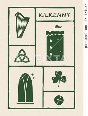 Vector illustration of Kilkenny city symbols with shamrock, harp, tower in minimalist flat style for travel, poster, decoration Vector illustration of Kilkenny city symbols with shamrock, harp, tower in minimalist flat style for travel, poster, decoration 130131937