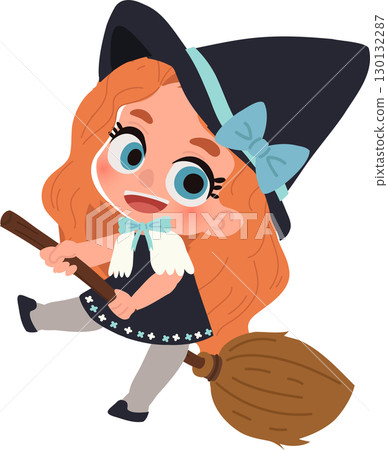 cute halloween witch.child in witch hat and broom festive cartoon art for kids halloween party 130132287
