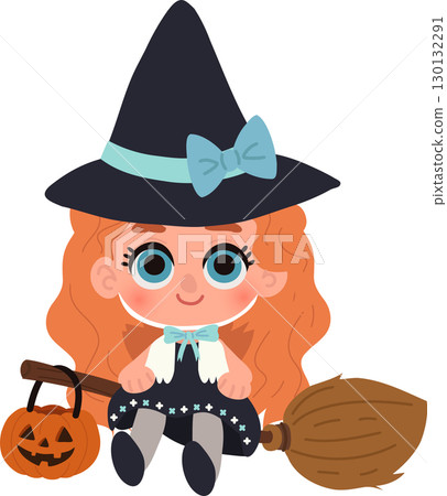 A cute girl dressed as a witch holding a pumpkin basket and broom for halloween celebrations 130132291