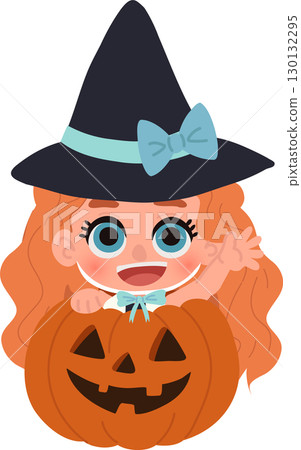 cute child in witch costume with pumpkin smiling for halloween celebration october holiday cute child in witch costume with pumpkin smiling for halloween celebration october holiday 130132295