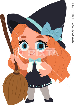 a cute young girl dressed as a halloween witch holding a broom a cute young girl dressed as a halloween witch holding a broom 130132299