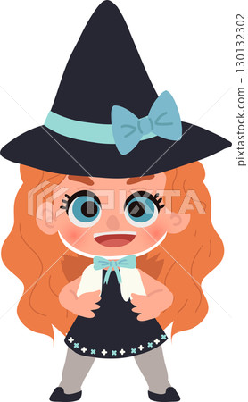 a cute little girl dressed as a witch wearing a big hat and bow perfect for halloween costume illustration a cute little girl dressed as a witch wearing a big hat and bow perfect for halloween costume illustration 130132302
