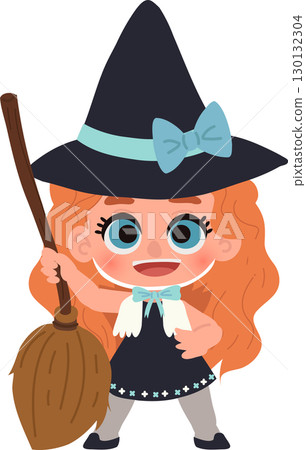 A cute little girl dressed as a witch with a hat and broom, perfect halloween illustration 130132304