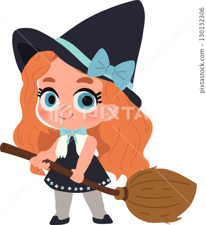 cute witch illustration of a little girl with broomstick and hat perfect for halloween cute witch illustration of a little girl with broomstick and hat perfect for halloween 130132306