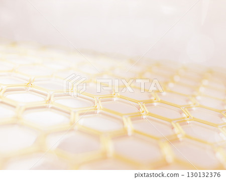 3d epidermis skin layer with elastin collagen hexagon pattern for skincare. Honeycomb geometric cell texture of gold oil, yellow honey mask, liquid cosmetic serum or hyaluronic acid. 3D illustration 130132376