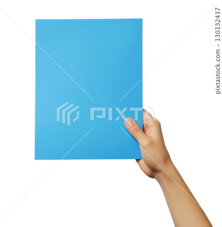 Hand holding blank blue paper 130132437