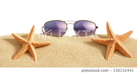 Sunglasses and Starfish on Sand 130132441