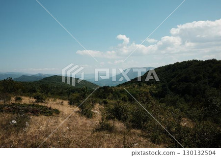 Scenic meadow in Stara Planina, Serbia, with mountains in distance, blue sky and scattered white clouds above 130132504