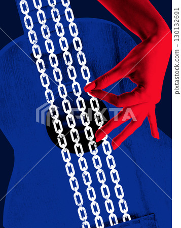 Bold digital artwork. Red hand playing guitar with strings made of chains symbolizing fragile art under restriction Bold digital artwork. Red hand playing guitar with strings made of chains symbolizing fragile art under restriction 130132691
