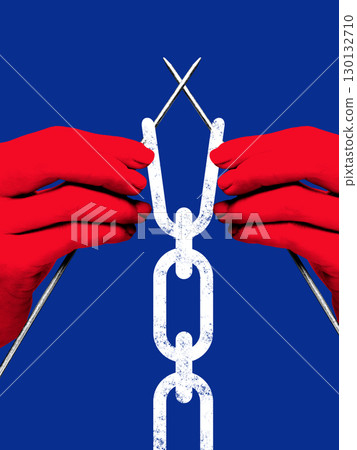 Creative digital artwork. Red hands knitting chain link symbolizing fragile creation of restriction and control Creative digital artwork. Red hands knitting chain link symbolizing fragile creation of restriction and control 130132710