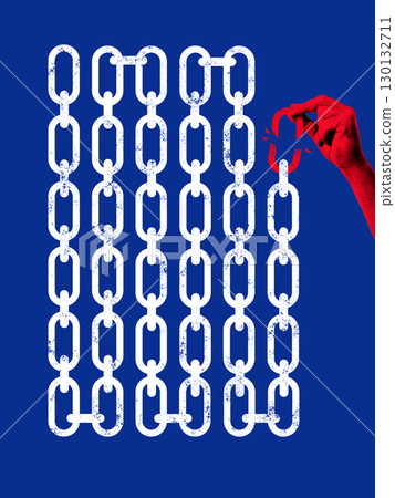 Graphic composition. Red hand removing single chain link symbolizing fragile resistance and breaking pattern 130132711