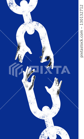 Surreal collage art. Human hands reaching through broken chain symbolizing fragile connection and need for unity 130132712