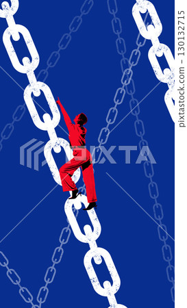 Bold colorful poster. Woman climbing oversized chains symbolizing fragile ambition and struggle for freedom 130132715