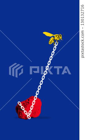 Contemporary collage. Yellow bee chained to red rock symbolizing fragile struggle and ecological pressure Contemporary collage. Yellow bee chained to red rock symbolizing fragile struggle and ecological pressure 130132716