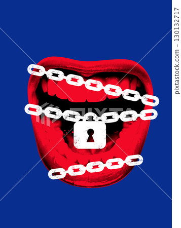 Surreal digital artwork. Mouth locked with chains and padlock symbolizing censorship and silenced voice 130132717