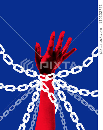 Bold collage. Red hand tied by multiple chains reaching out with desperate emotion 130132721