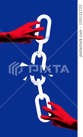 Modern collage. Red hands breaking chain link symbolizing rebellion and fragile hope Modern collage. Red hands breaking chain link symbolizing rebellion and fragile hope 130132722