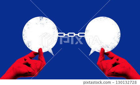 Creative digital artwork. Connected speech bubbles by chain held in red hands on blue background Creative digital artwork. Connected speech bubbles by chain held in red hands on blue background 130132728