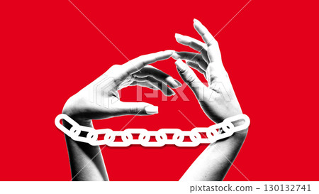 Surreal collage art. Hands in chain symbolizing restriction and fragile emotion on red background 130132741