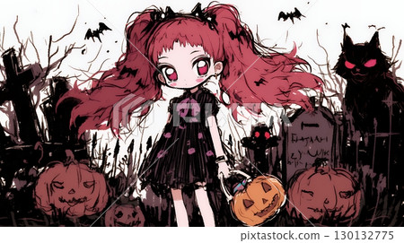 可愛又令人毛骨悚然的萬聖節角色扮演女孩（蠟筆和水彩風格） 130132775