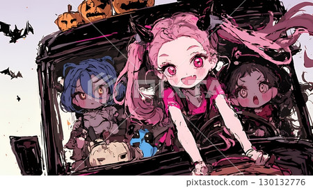 可愛又令人毛骨悚然的萬聖節角色扮演女孩（蠟筆和水彩風格） 130132776