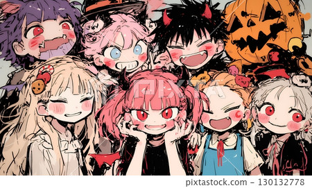 A cute and creepy Halloween cosplay girl (crayon and watercolor style) 130132778