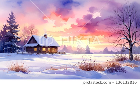 A white cottage nestled in a snowy village, with frosty trees and a blue sky over the cold winter landscape 130132810