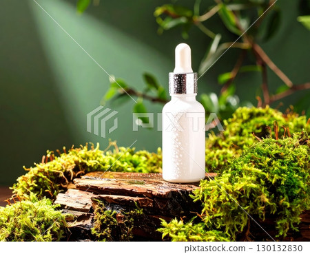White dropper bottle on Moss-covered log, green background 130132830