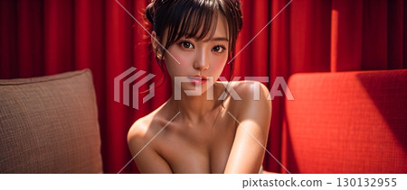 Half-Japanese woman sitting on the sofa 130132955