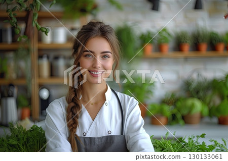 Smiling Nutritionist Surrounded By Fresh Greens 130133061