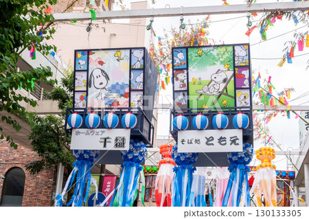 Hiratsuka, Kanagawa, Japan - July 7, 2023: Shonan Hiratsuka Tanabata Festival, Japanese festival decorations with Snoopy lanterns hanging outdoors 130133305