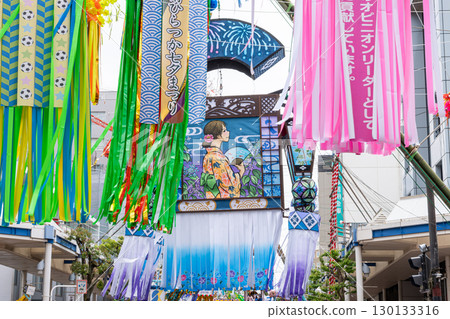 Hiratsuka, Kanagawa, Japan - July 7, 2023: Shonan Hiratsuka Tanabata Festival, Colorful traditional decorations hanging at Japanese festival street celebration 130133316