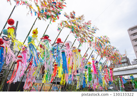 Hiratsuka, Kanagawa, Japan - July 7, 2023: Colorful Hiratsuka Tanabata festival decorations hanging outdoors in urban Japan 130133322